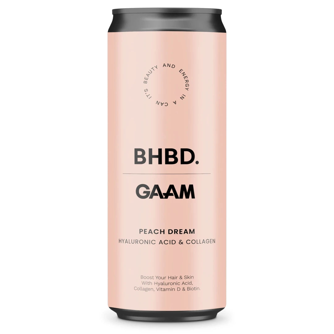 GAAM X BHBD Collagen Energy Drink 330 ml i en ljusrosa burk med svarta detaljer för smaken Peach Dream., bild 1 av 1