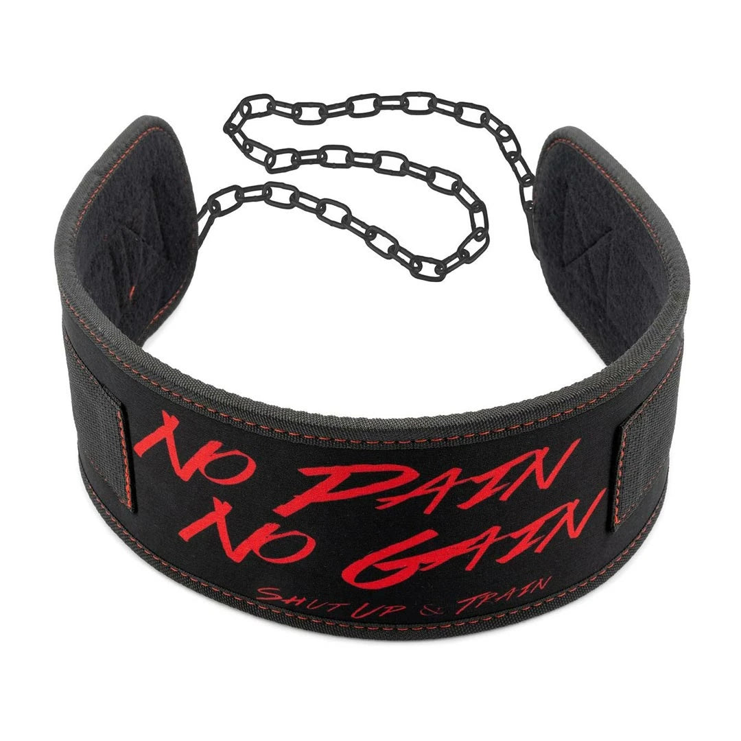 Svart C.P. Sports Dip Belt Black med stålkedja och röd text "NO PAIN NO GAIN" för extra vikter vid träning., bild 1 av 1