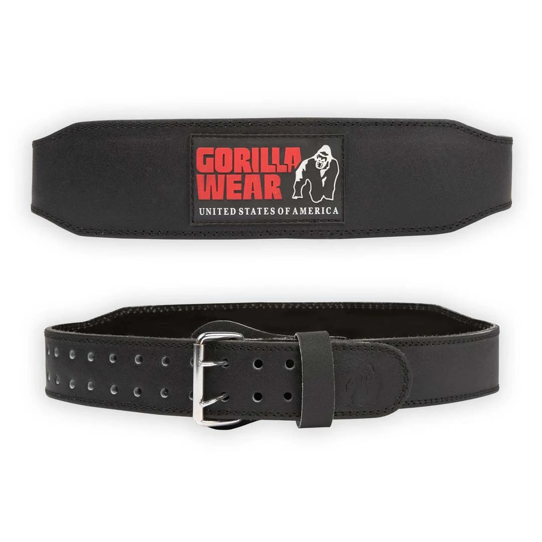Gorilla Wear 4 Inch Padded Leather Belt Black/Red är ett svart träningsbälte i läder med metallspänne och röd logotyp., bild 3 av 3