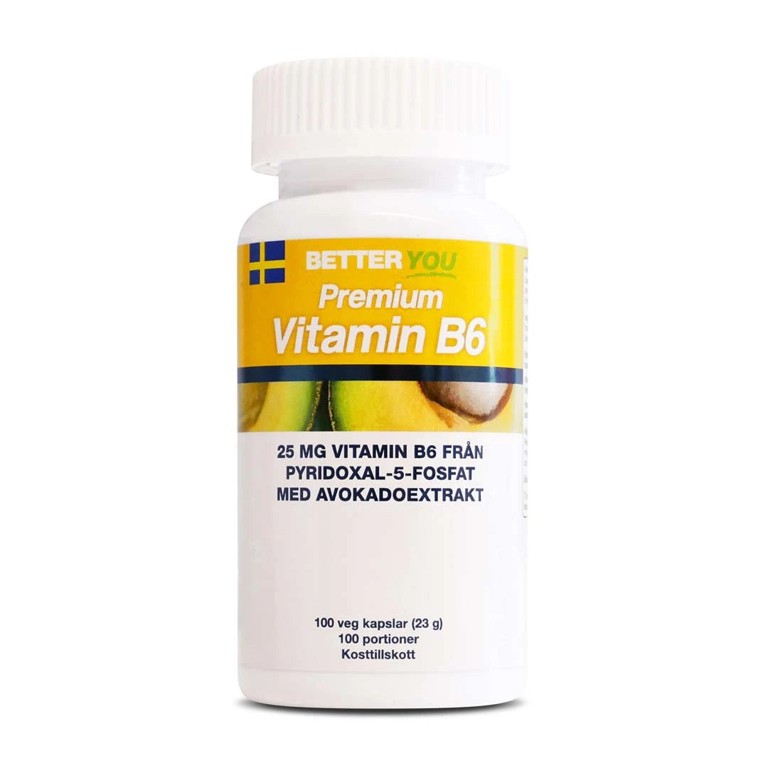 En vit burk med Better You Premium Vitamin B6 100 caps, med en gul och vit etikett med avokadomotiv., bild 1 av 1