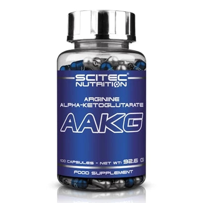 Scitec Nutrition AAKG 100 caps aminosyratillskott i en genomskinlig burk med blå etikett och silvrigt lock., bild 1 av 1