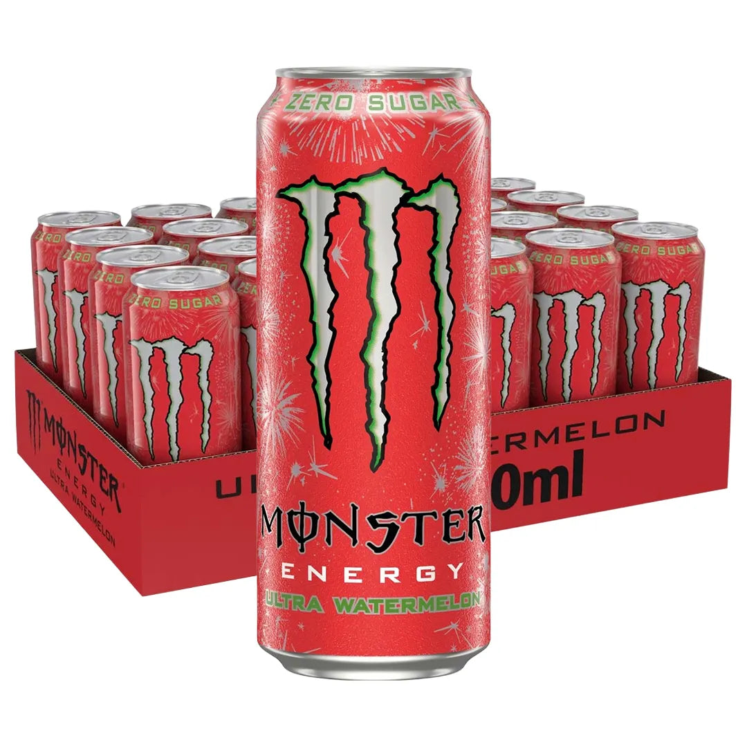 24 x Monster Energy 500 ml Ultra Watermelon (sockerfri) i ett rött flak med röda burkar., bild 1 av 1