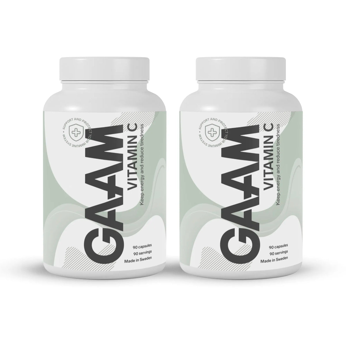 GAAM Vitamin C 180 caps i två vita burkar med ljusgröna och gråa detaljer., bild 1 av 1
