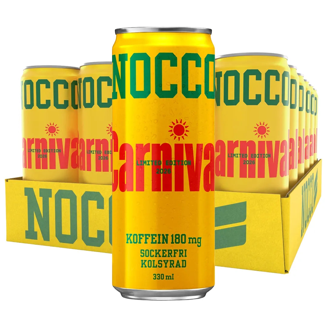 24 x NOCCO BCAA 330 ml Carnival i ett gult flak med matchande gula energidrycksburkar och rödgrön text., bild 1 av 1