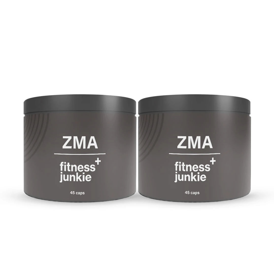 2 x fitnessjunkie ZMA 45 caps i två mörkgrå burkar med vit text., bild 1 av 1