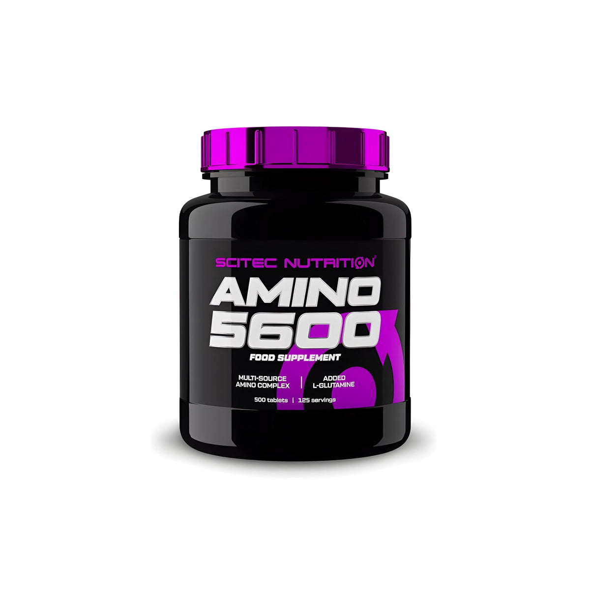 Scitec Nutrition Amino 5600 500 tabs aminosyratabletter i en svart burk med lila detaljer., bild 1 av 1