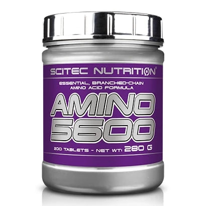 Scitec Nutrition Amino 5600 200 tabs aminosyror i en silverfärgad burk med lila etikett., bild 1 av 1