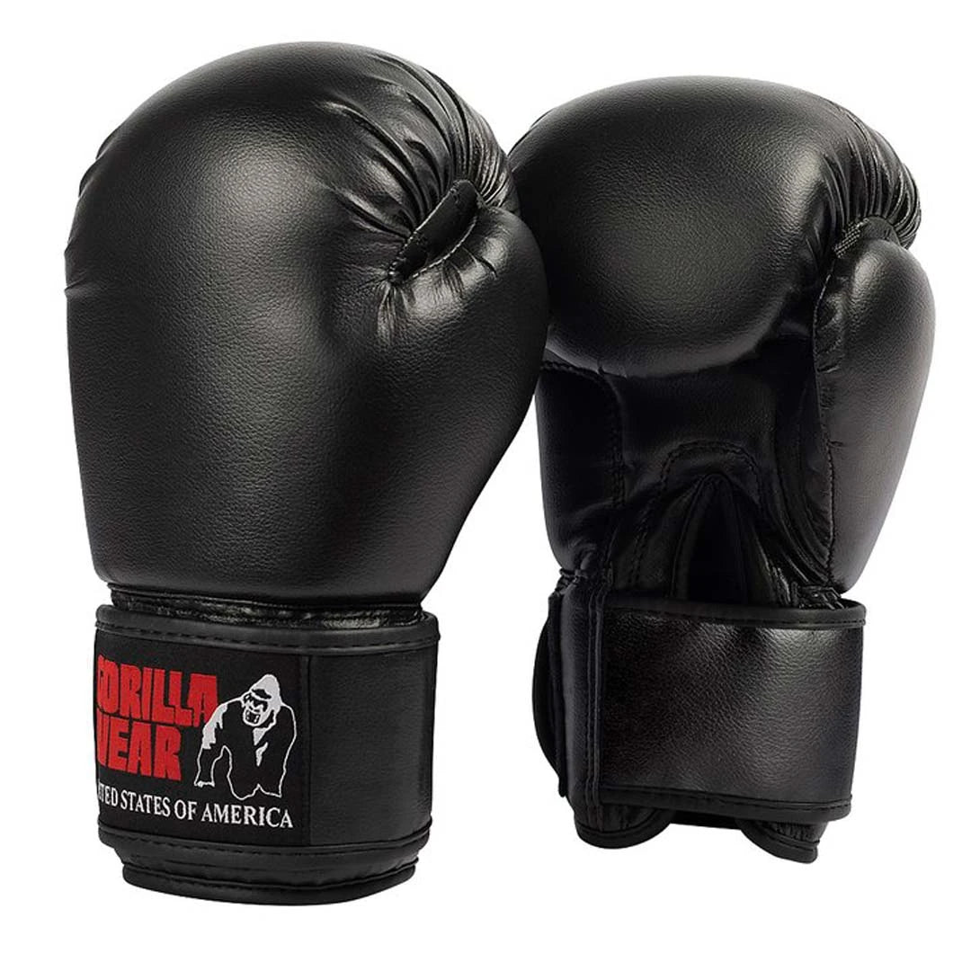Gorilla Wear Mosby Boxing Gloves Black är svarta boxningshandskar i PU-läder med röd logotyp på kardborrebandet., bild 4 av 6