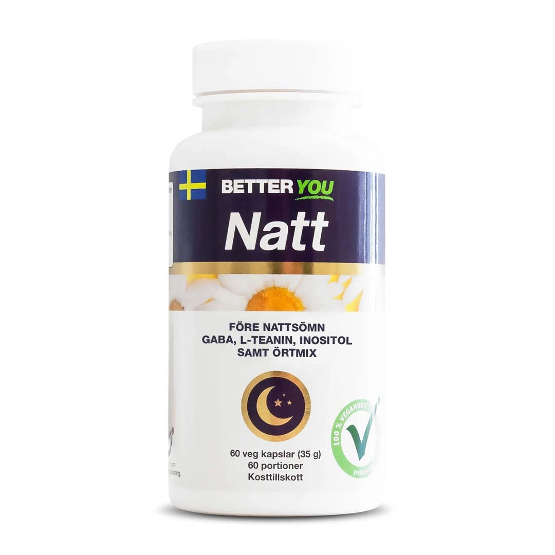 Better You Natt 60 caps i en vit burk med blå och vita detaljer, ett kosttillskott för nattsömn med örter och aminosyror., bild 1 av 1