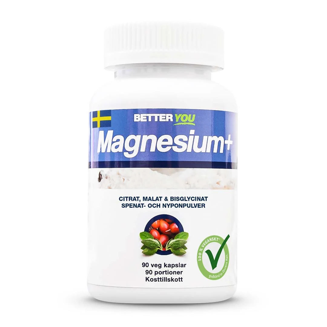 Better You Magnesium Plus 90 caps kosttillskott i en vit burk med blå och vit etikett samt en grön vegansk logga., bild 1 av 1