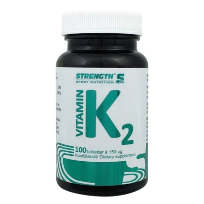 Strength Vitamin K2 100 caps i en svart plastburk med vitt lock och grön text på etiketten., bild 1 av 1