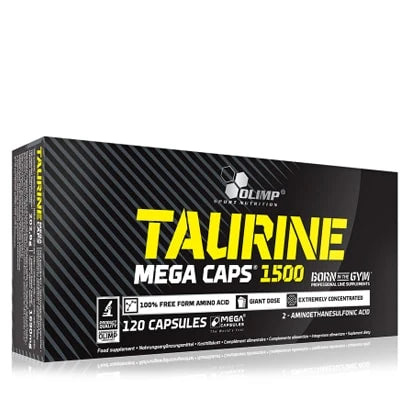 Olimp Taurine Mega caps 120 caps aminosyratillskott i en svart kartong med gula och vita textdetaljer., bild 1 av 1