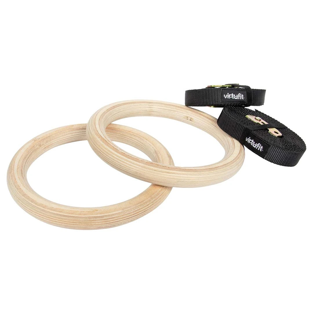 Virtufit Gymnastic Gym Rings i ljust trä med svarta nylonremmar för flexibel hemmaträning., bild 1 av 1