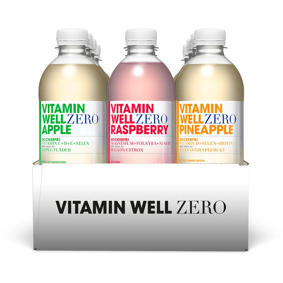 12 x Vitamin Well Zero 500 ml Mixflak i en vit kartong med plastflaskor i smakerna Apple, Raspberry och Pineapple., bild 1 av 1