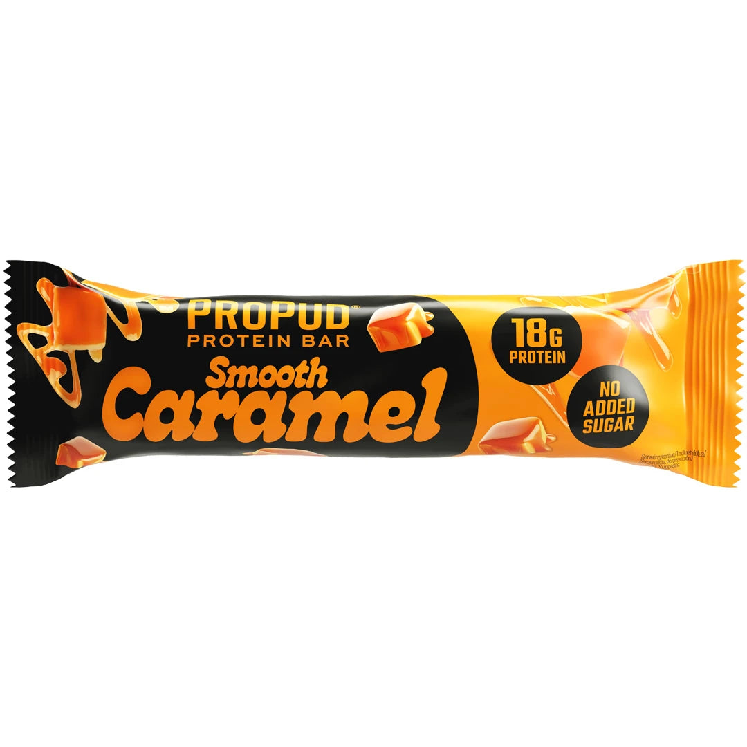 NJIE ProPud Proteinbar 55 g i en svart och orange förpackning för smaken Smooth Caramel., bild 2 av 10