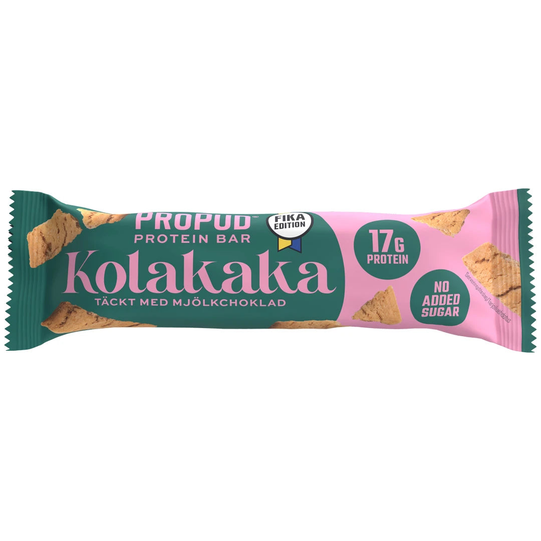 NJIE ProPud Proteinbar 55 g i en blågrön och rosa förpackning för smaken Kolakaka., bild 4 av 10