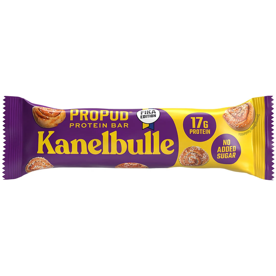 NJIE ProPud Proteinbar 55 g i en lila och gul förpackning för smaken Kanelbulle., bild 5 av 10