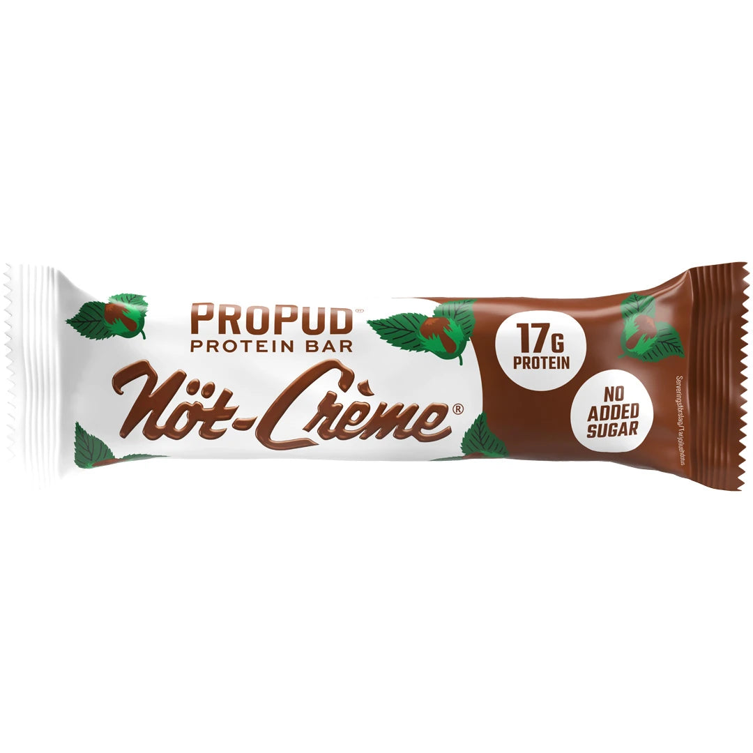 NJIE ProPud Proteinbar 55 g i en vit och brun förpackning med hasselnötter för smaken Nöt-crème., bild 6 av 10