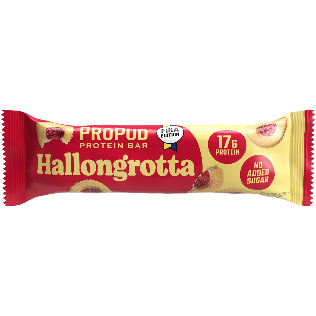 NJIE ProPud Proteinbar 55 g i en röd och gul förpackning för smaken Hallongrotta., bild 7 av 10