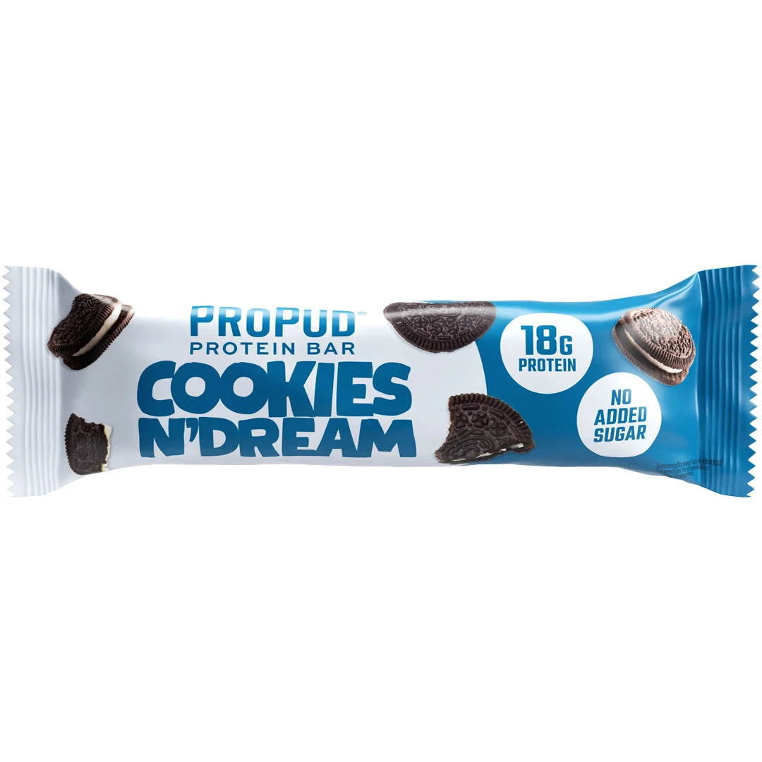 NJIE ProPud Proteinbar 55 g i en vit och blå förpackning för smaken Cookies N' Dream., bild 8 av 10