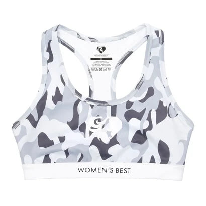 Womens Best Camo Fit Bra sport-bh i stretchigt grått kamouflagemönster med logotyp på det vita elastiska underbandet., bild 1 av 1