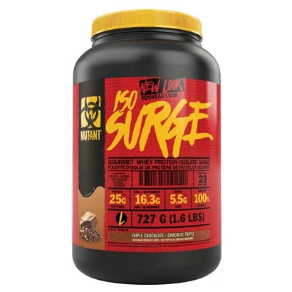 Mutant Nutrition ISO Surge 2.27 kg proteinpulver i en svart burk med röd etikett och gult lock., bild 1 av 1