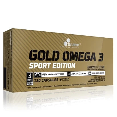 Olimp Gold Omega-3 Sport Edition 120 caps i en rektangulär guldfärgad ask med svarta detaljer., bild 1 av 1