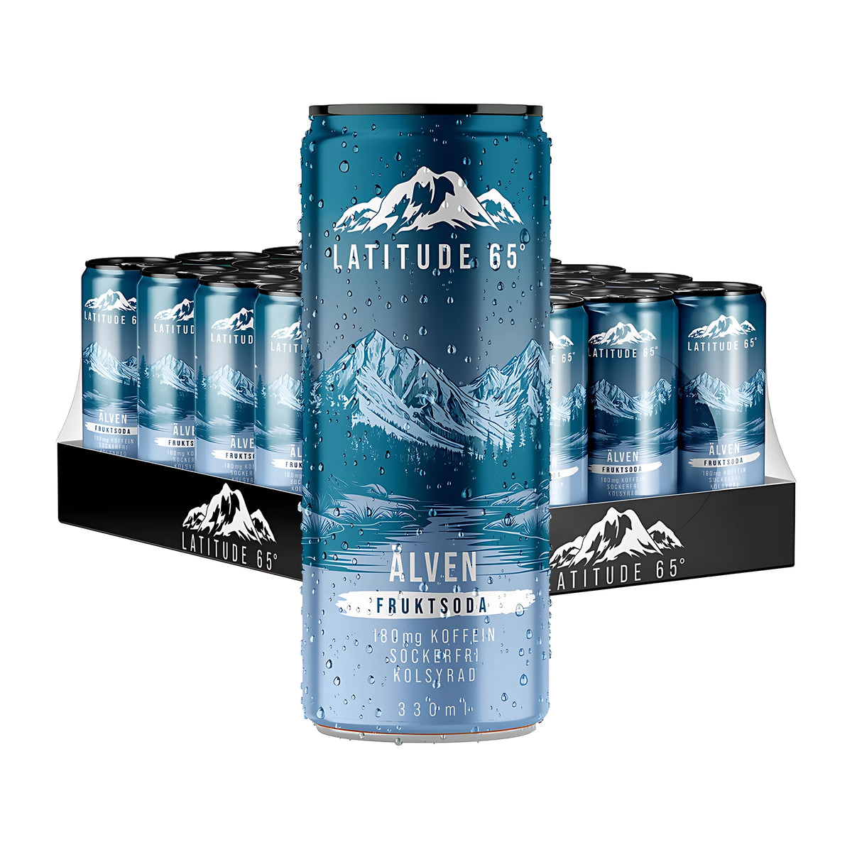 24 x Latitude 65 330 ml Älven - Fruktsoda i ett 24-pack med blå kolsyrade dryckesburkar prydda med ett bergsmotiv., bild 1 av 1
