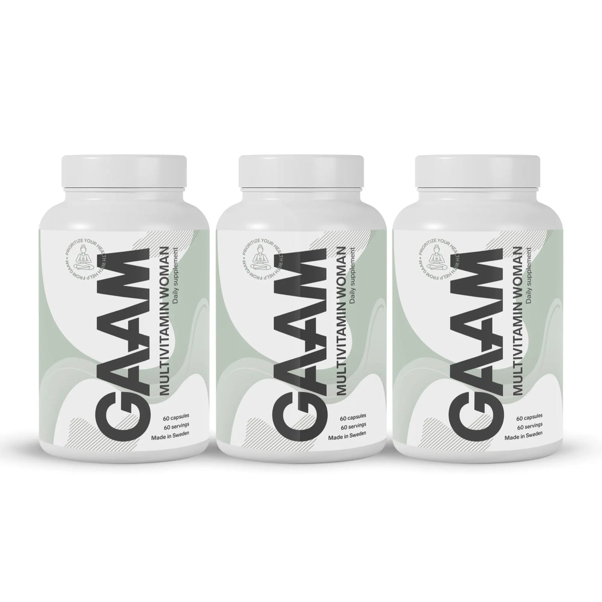 3 x GAAM Multivitamin Woman 60 caps kosttillskott i tre vita burkar med ljusgröna detaljer., bild 1 av 1