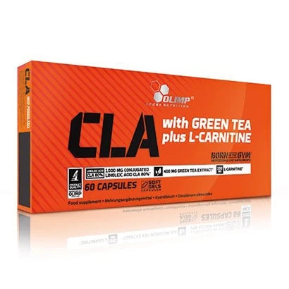 Olimp CLA &amp; Green Tea + L-carnitine 60 caps förpackning i orange och vit färg för fettförbränning., bild 1 av 1