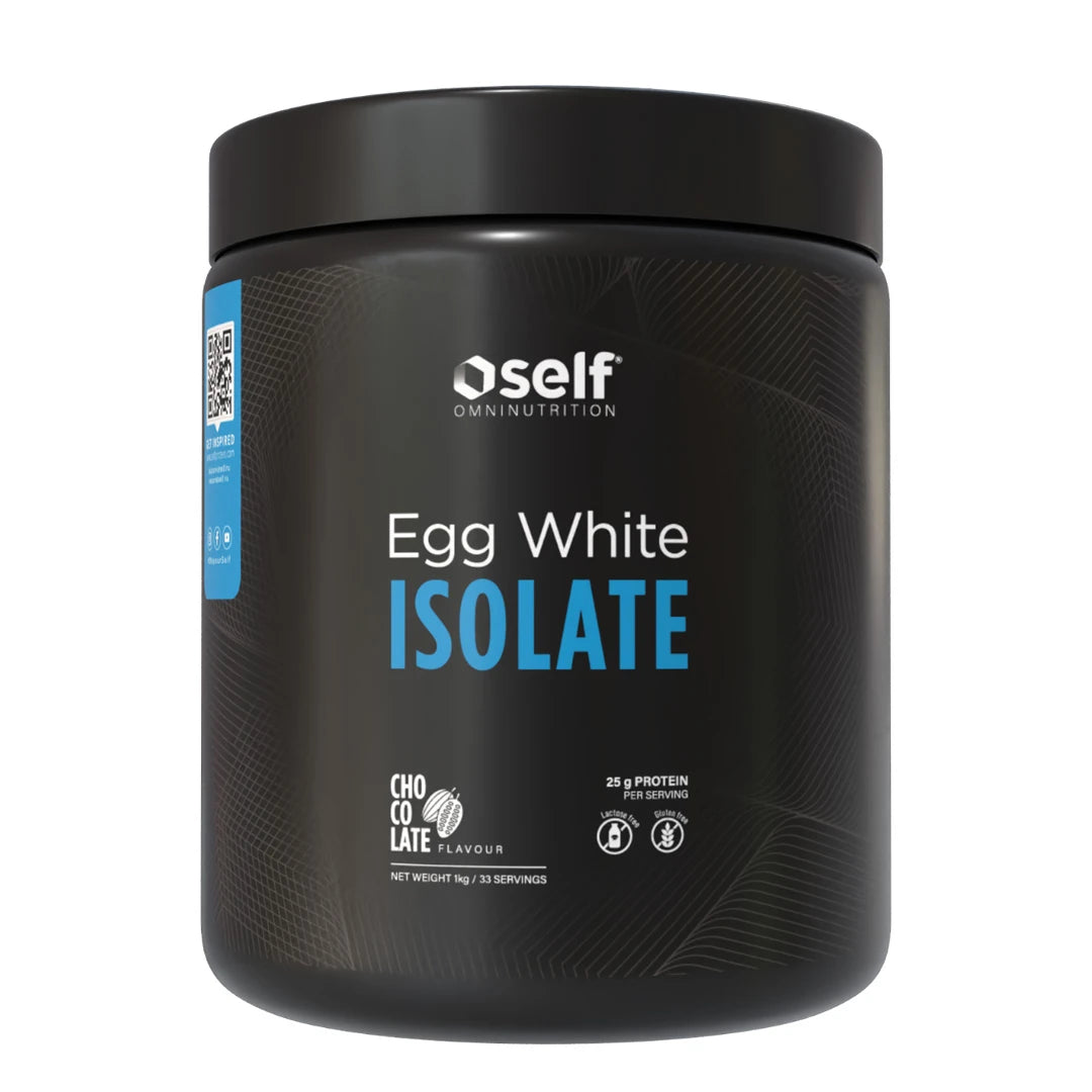 Self Omninutrition Egg White Isolate 1 kg proteinpulver i en svart burk med blå och vita detaljer för smaken Chocolate., bild 1 av 2