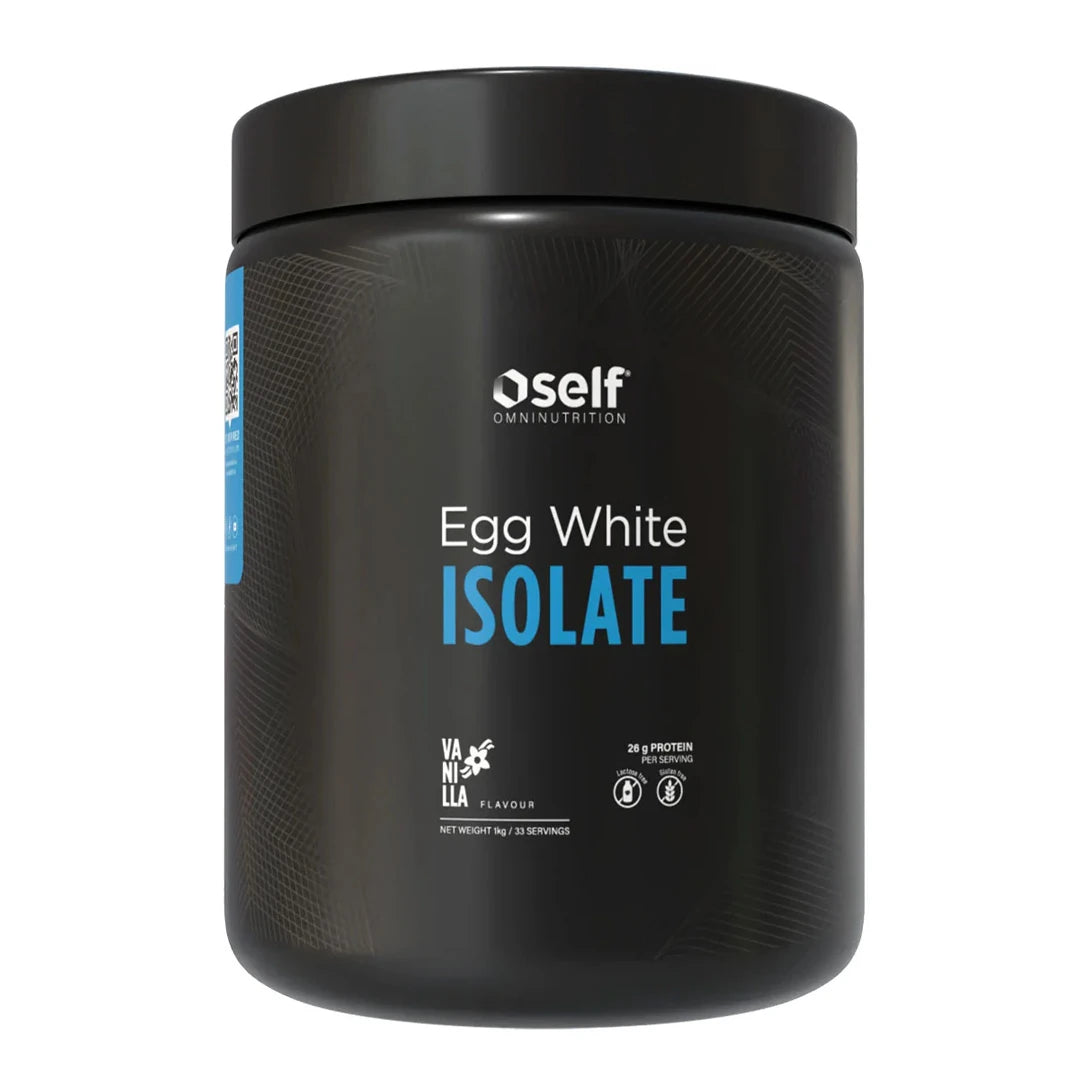 Self Omninutrition Egg White Isolate 1 kg proteinpulver i en svart burk med blå detaljer för smaken Vanilla., bild 2 av 2