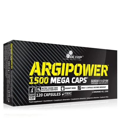 Olimp ArgiPower 1500 Mega caps 120 caps l-arginin i en svart kartong med gul text och sportig design., bild 1 av 1
