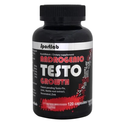 Sportlab Androgenic Testo Growth 120 caps i en svart burk med röd och vit text för ökad testosteronproduktion., bild 1 av 1