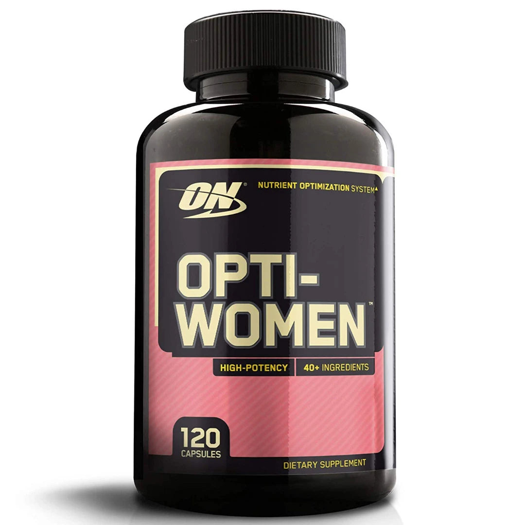 Optimum Nutrition Opti-Women 120 tabs multivitamin för kvinnor i en svart burk med rosa och vit etikett., bild 1 av 1