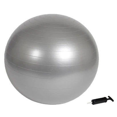 Virtufit Gym Ball + Pump 85 cm, en silverfärgad gymboll i PVC med en tillhörande svart pump för träning.