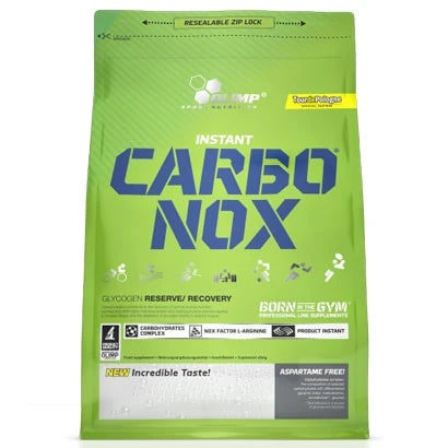 Olimp Carbo NOX 1 kg kolhydratspulver i en grön påse med blå text och detaljer., bild 1 av 2