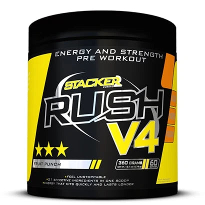 Stacker2 Rush V4 360 g pre-workout i pulverform förpackad i en svart burk med gula och vita detaljer samt smak av Fruit Punch., bild 2 av 2