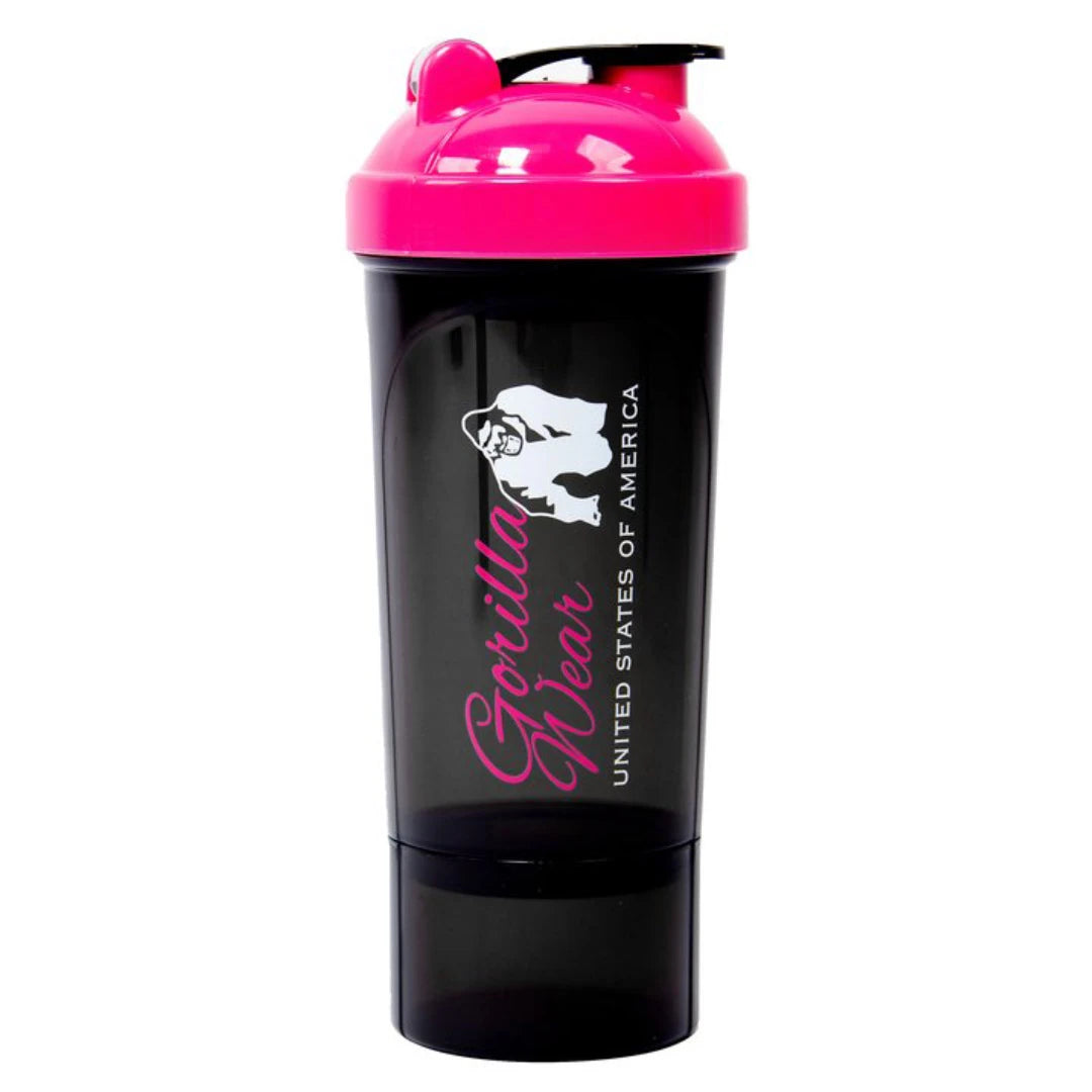 Gorilla Wear Compact Shaker Black & Pink i svart plast med rosa lock och separat behållare i botten.