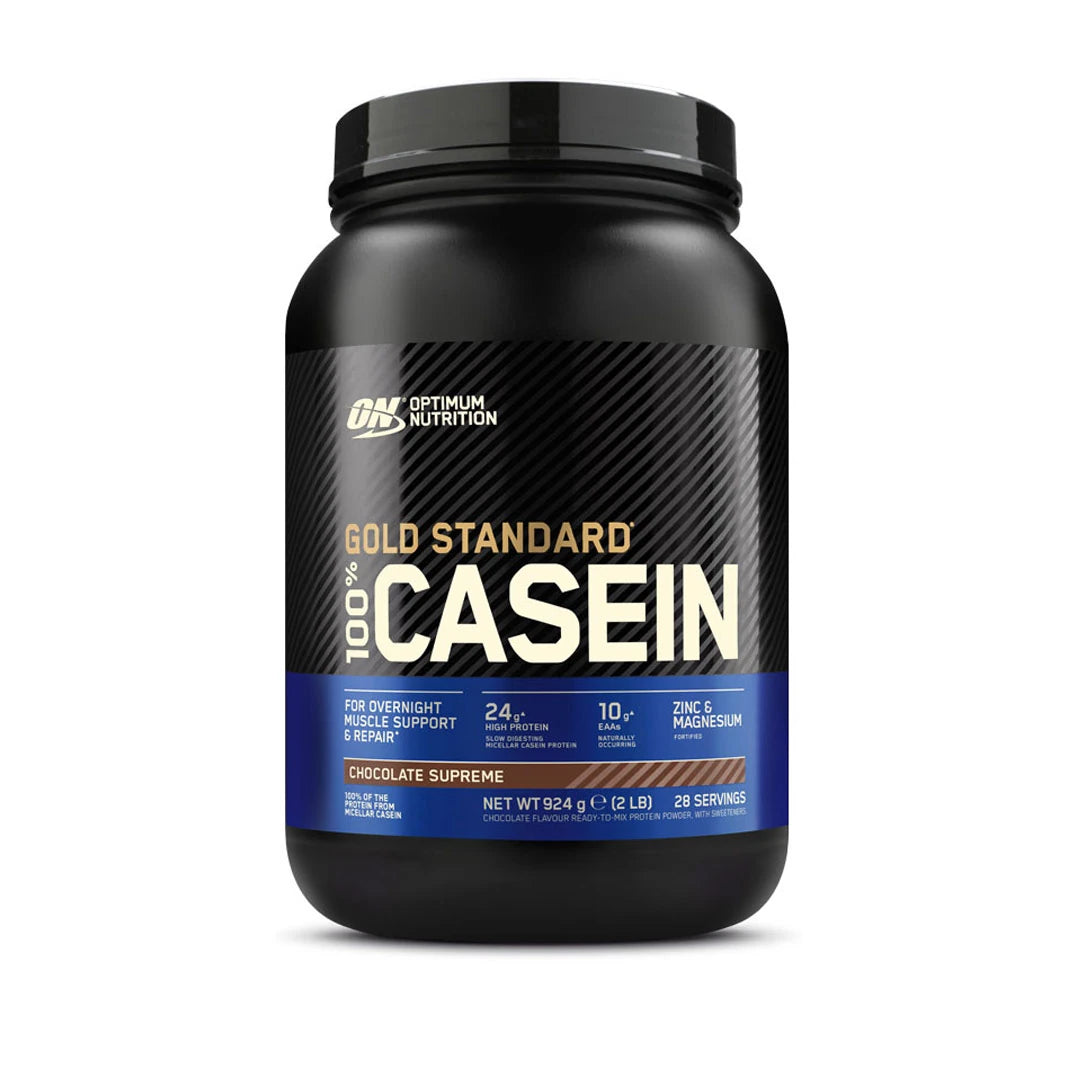 Optimum Nutrition 100% Casein Gold Standard 908 g proteinpulver i en svart burk med smaken Chocolate Supreme.