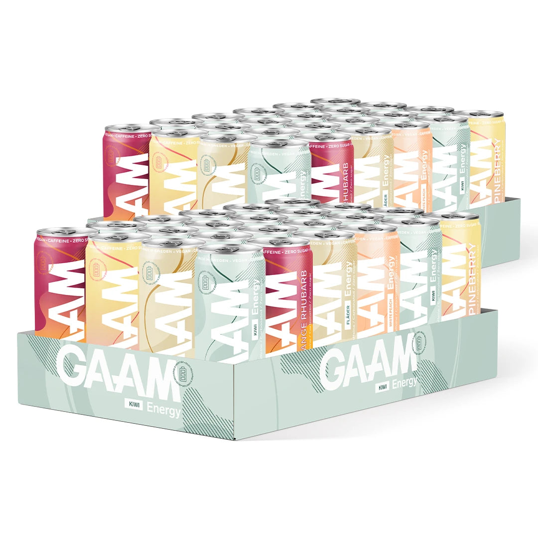 48 x GAAM Energy 330 ml Mixflak med två ljusgröna flak fyllda med färgglada energidrycksburkar i olika smaker., bild 1 av 1