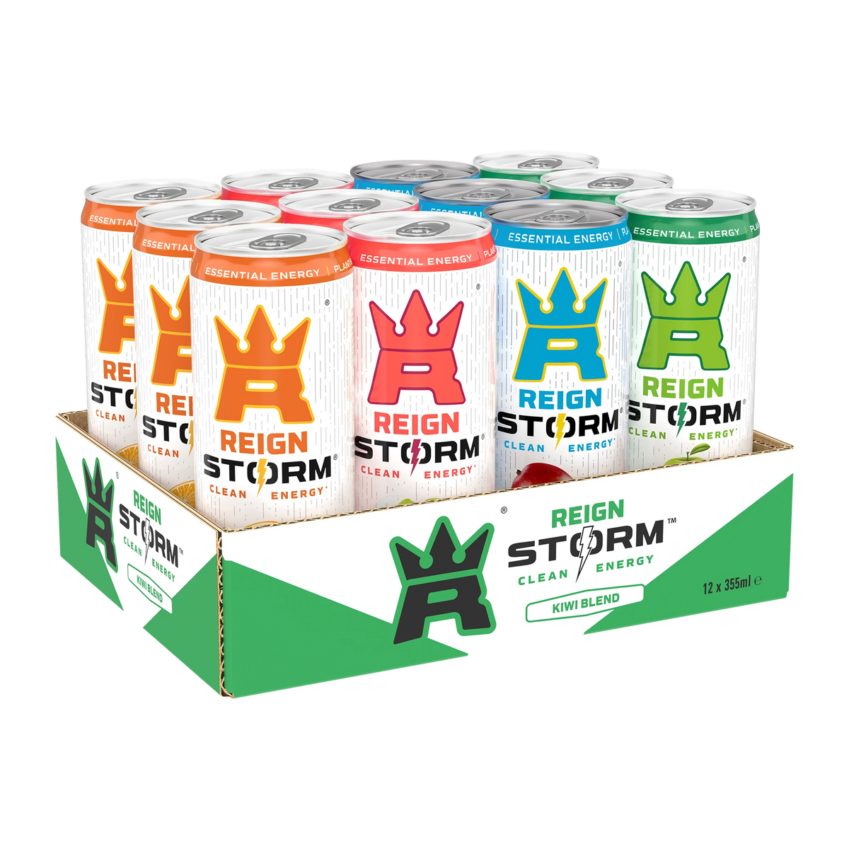 12 x Reign Storm Energy 355 ml Mixflak i ett grönt och vitt pappersflak med burkar i olika färger för blandade smaker., bild 1 av 1
