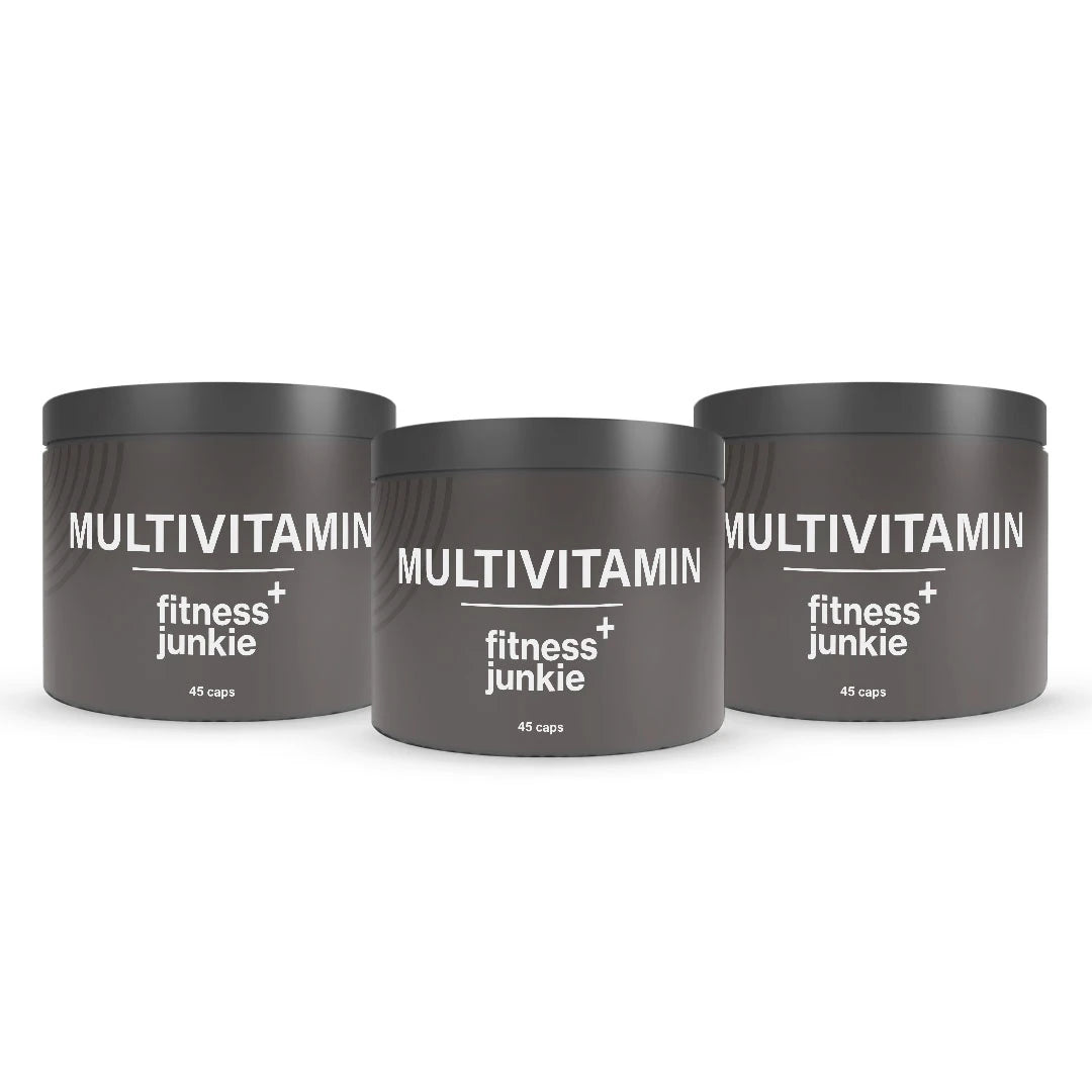 3 x fitnessjunkie Multivitamin 45 caps i tre mörkgrå burkar med vit text., bild 1 av 1