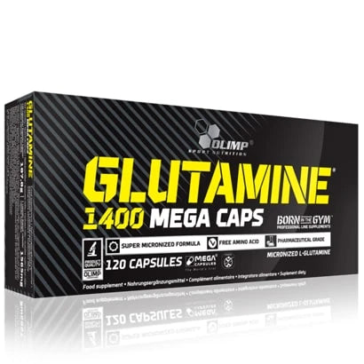 Olimp Glutamine 1400 Mega caps 120 caps aminosyror i kapselform, svart förpackning med framträdande gul text., bild 1 av 1