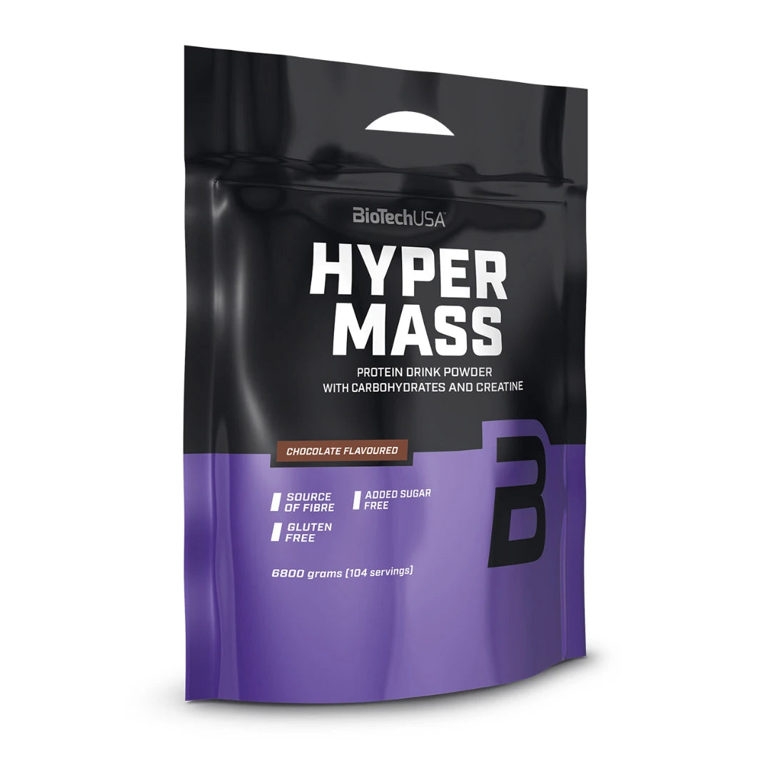 BioTechUSA Hyper Mass 6.8 kg gainer i pulverform förpackad i en svart och lila påse med chokladsmak., bild 1 av 1