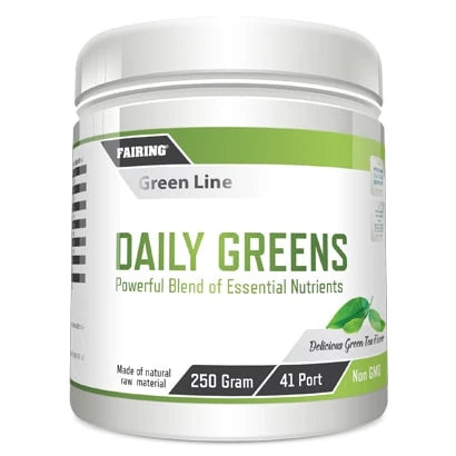 Fairing Daily greens 250 g kosttillskott i en vit plastburk med gröna detaljer och smaken Delicious Green Tea., bild 1 av 1