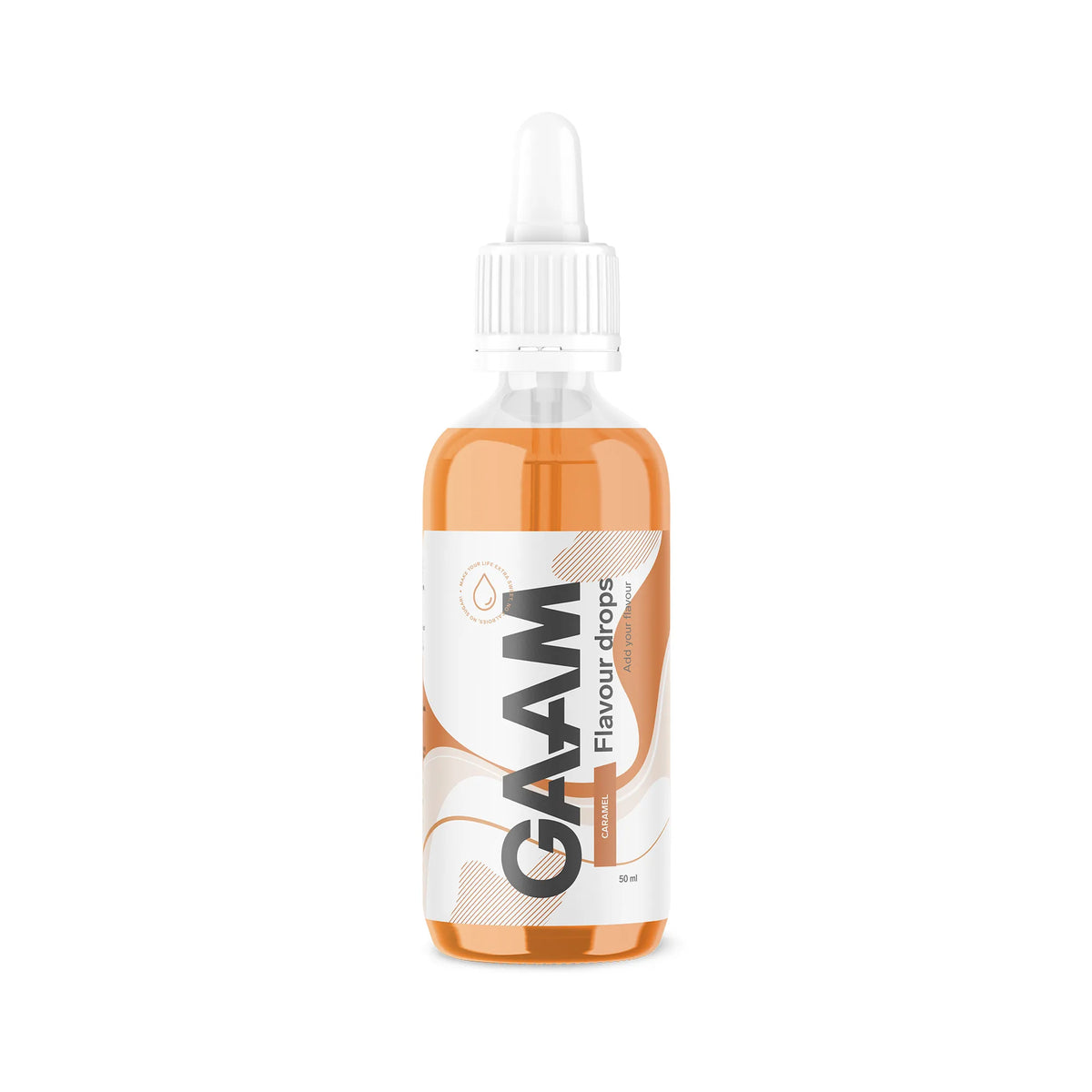 GAAM Flavour drops 50 ml smakdroppar i en transparent flaska med vit pipett för smaken Caramel., bild 1 av 1