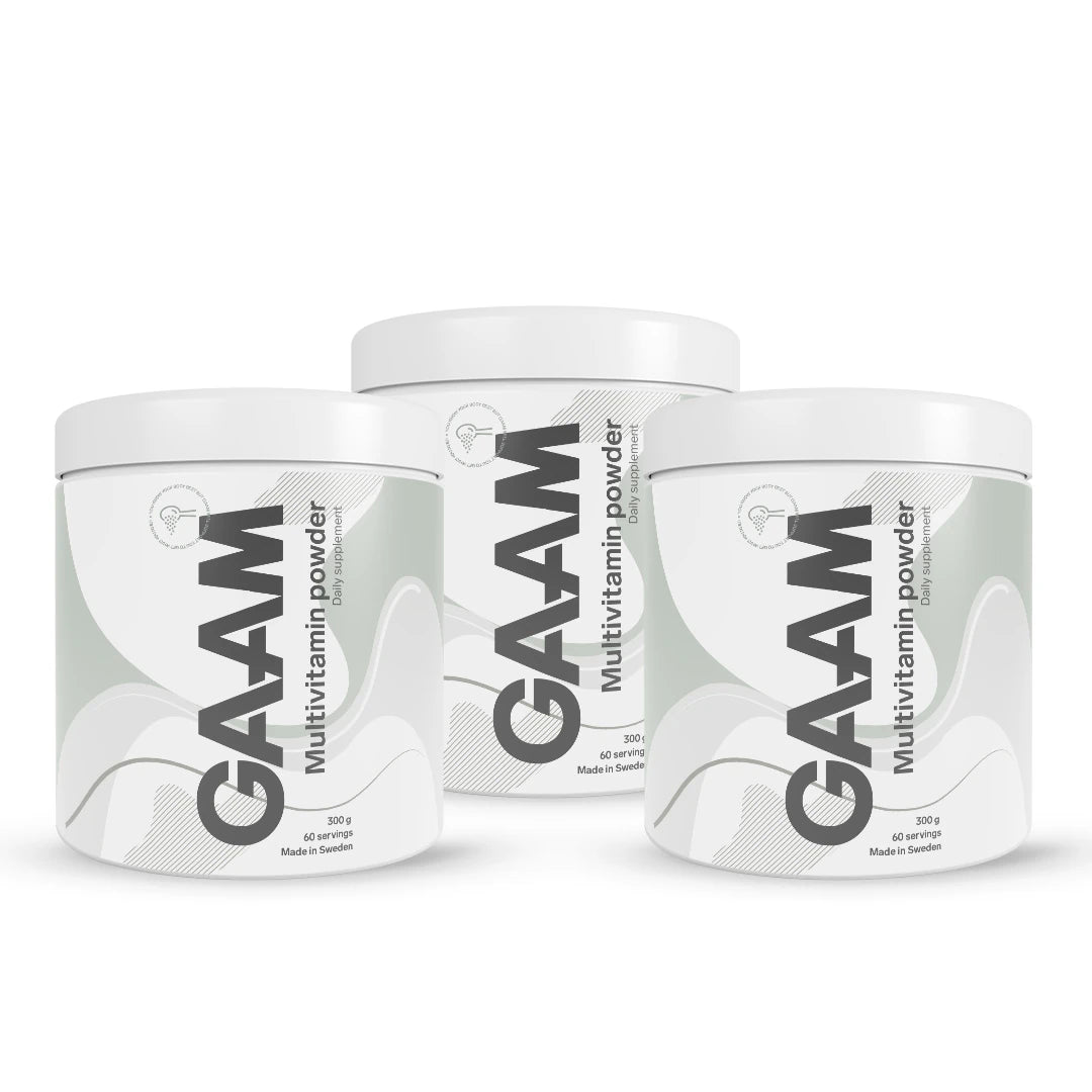 3 x GAAM Multivitamin Powder 300 g i tre vita burkar med gråa detaljer och svart text., bild 1 av 1