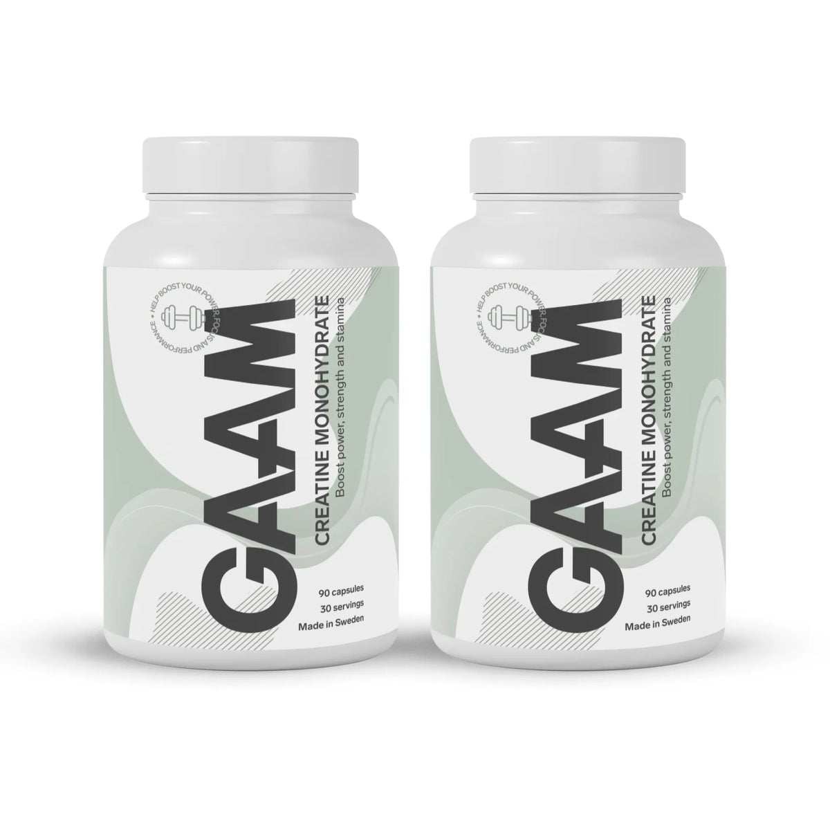 2 x GAAM Creatine Monohydrate 90 caps i vita burkar med grå och gröna detaljer., bild 1 av 1