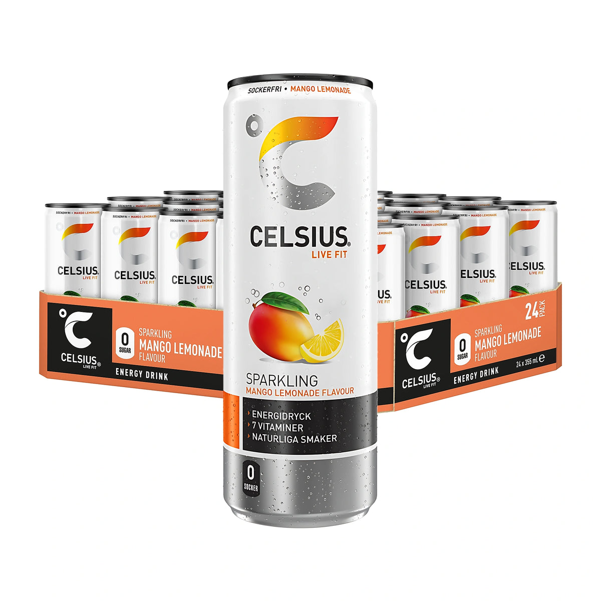 Ett flak med 24 x Celsius 355 ml Mango Lemonade, vita energidrycksburkar med färgglada detaljer och fruktmotiv.